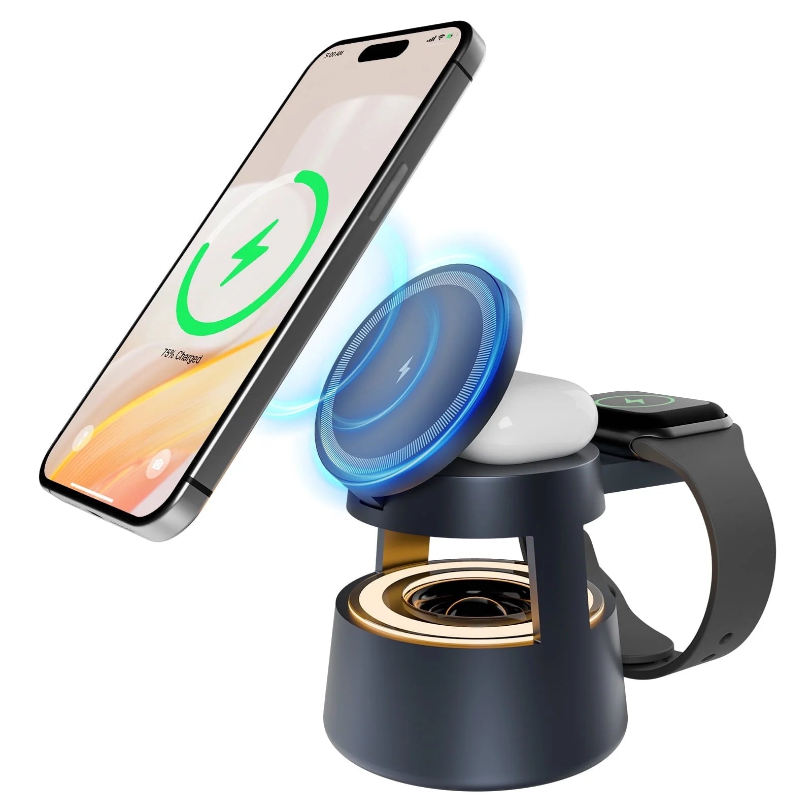 5 in 1 Wireless Charging Station, 15W Fast Charging Wireless Charger for Iphone Airpods Iwatch with Magsafe,Bluetooth Speakers,Mushroom Light Compatible with Iphone 8 and above Series